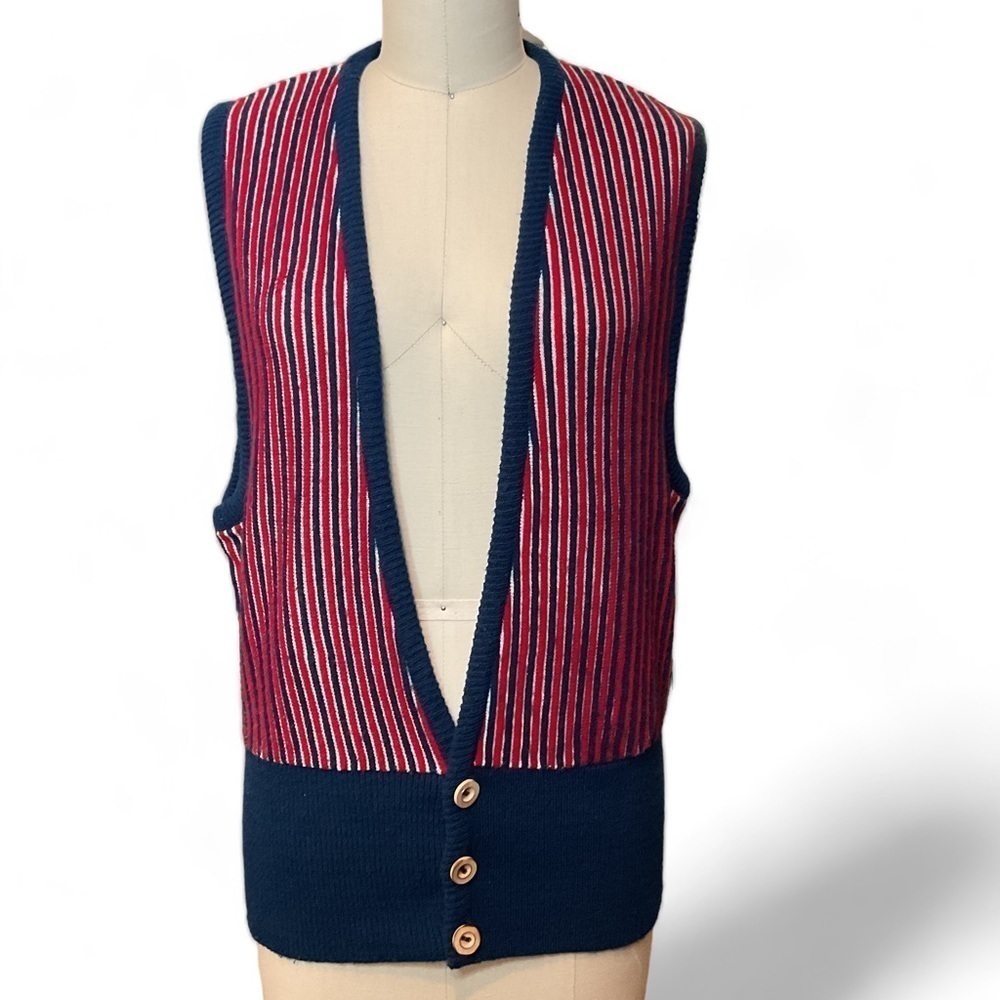 Vintage 60s Mod Barclay Red & Blue striped deep V vest Large